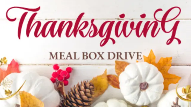 Thanksgiving Meal Box Drive graphic with white pumpkins and fall leaves